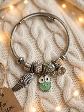 Avalaya Silver Twisted Cable Wire Owl Angel Wing Charm Bangle Bracelet